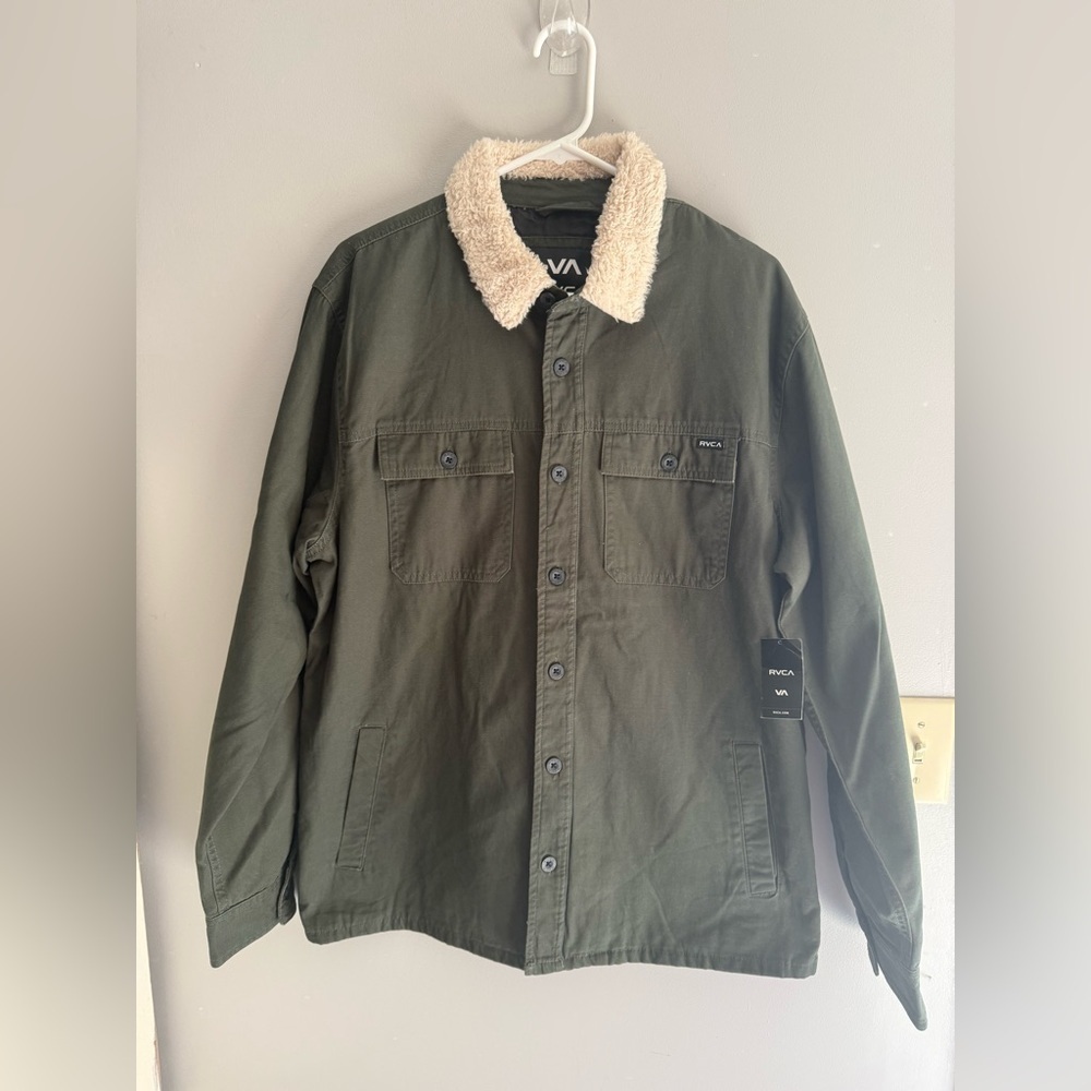 RVCA Men’s Army Green Range Jacket SZ L Button Front Sherpa Collar Canvas New